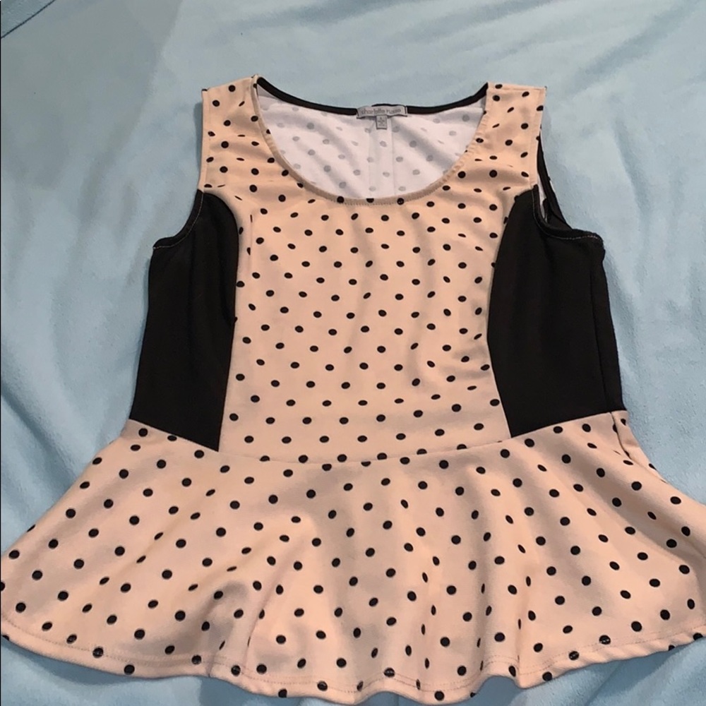 pink tank top with black polka dots
